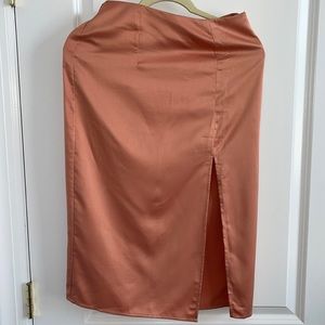 Nude Satin Midi Skirt with front Slit